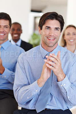 Buy stock photo Businessman, clapping and audience for success at workshop, professional conference or onboarding course. Manager or consultant and cheer for motivation and support for business career with crowd