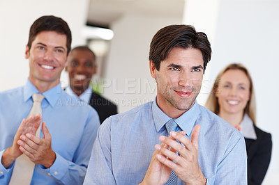 Buy stock photo Business people, wow and clapping for success at seminar, event and conference for training. Employees, team and applause for motivation or praise for achievement, cheering and support in office