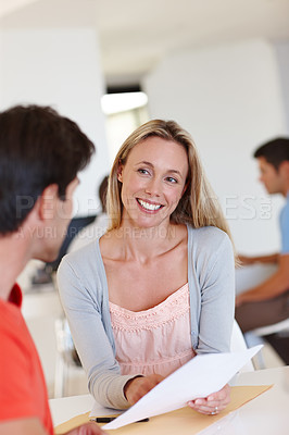 Buy stock photo Casual woman, talking and team for paperwork, discussion and collaboration on research for project. Employees, coordinators and planning or events management in creative business, support and smile