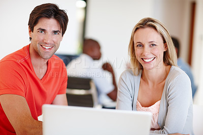 Buy stock photo Casual people, portrait and team for laptop, discussion and collaboration on research for project. Employees, coordinators and planning or events management in creative business, support and smile