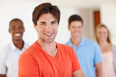 Buy stock photo Portrait, happy man and employee in office with designer for working, business and agency in America. Male worker, professional and smile in workplace with happiness for job, together and teamwork