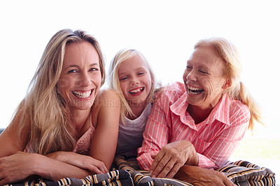 Buy stock photo Mom, grandmother and daughter in portrait with smile in outdoors for bonding, laughing and child development. Mother, girl and grandma with happy for memories with relaxation with positivity