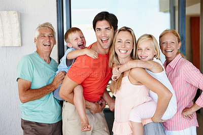 Buy stock photo Portrait, happy family or piggy back as memories on holiday to relax as care, support or love. Grandma, papa or children to laugh, carry or bonding together in home, childhood or summer getaway