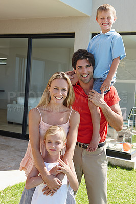 Buy stock photo Portrait, happy family or property as real estate purchase as care, support or safety of bonding. Papa, mama or smile to carry, children or aspiration as homeowner of new, dream or holiday house