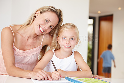 Buy stock photo Portrait, mother and child in learning for growth, development and homework with writing in notebook. Parent, daughter and education in house for childhood, progress and homeschooling for childcare