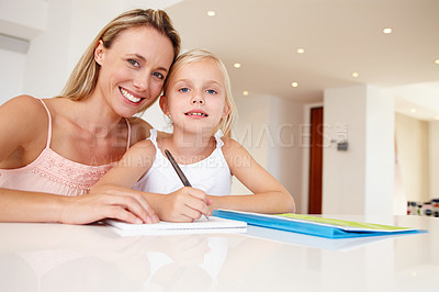 Buy stock photo Mom, teaching and child smiling in portrait for after school learning, homework or development in house. Child, happy and mother excited for lesson, practice or educational exercise together 