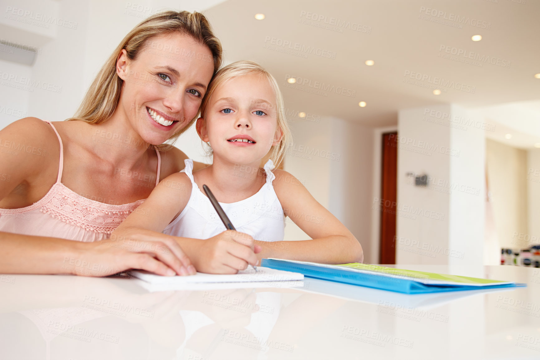 Buy stock photo Mom, teaching and child smiling in portrait for after school learning, homework or development in house. Child, happy and mother excited for lesson, practice or educational exercise together 