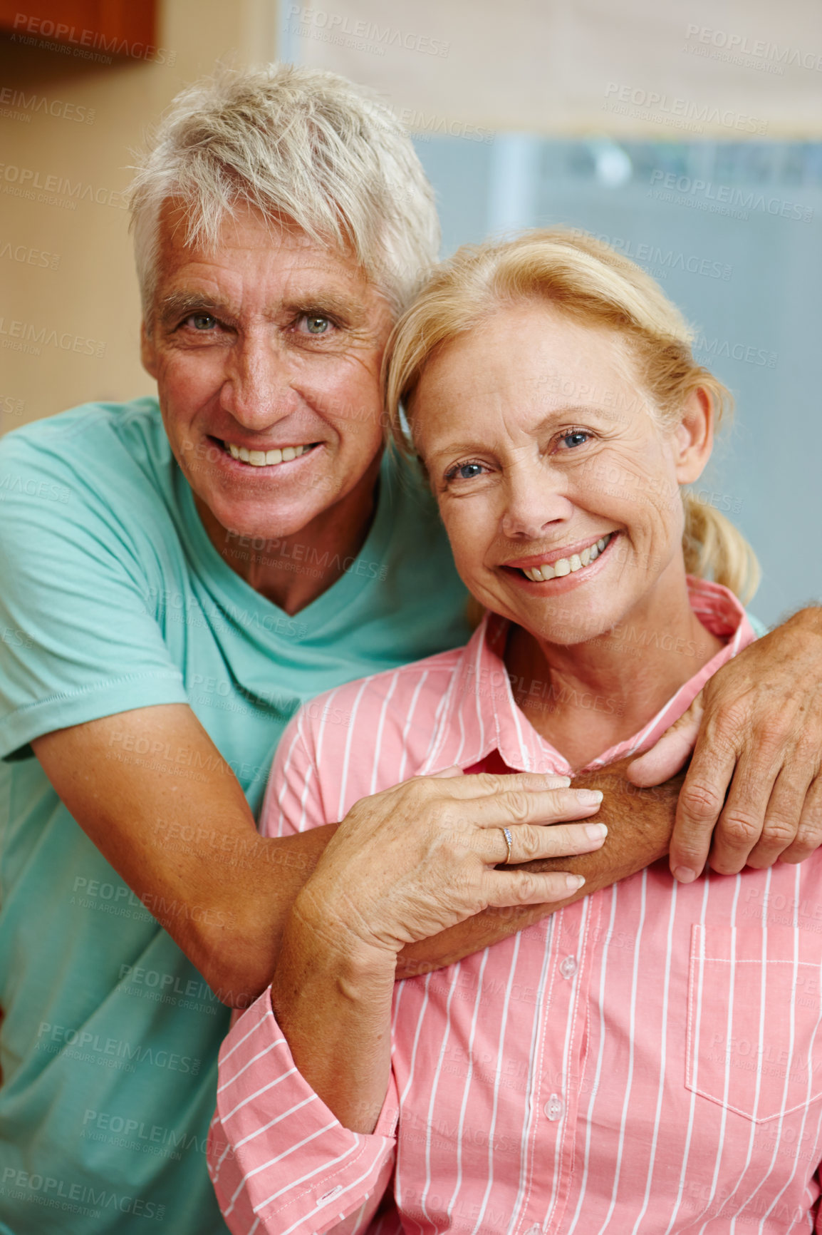 Buy stock photo Portrait, senior and couple in house with smile, retirement and pensioner at home. Mature man, woman and happiness in indoor in relationship, together and married as family, connection and love