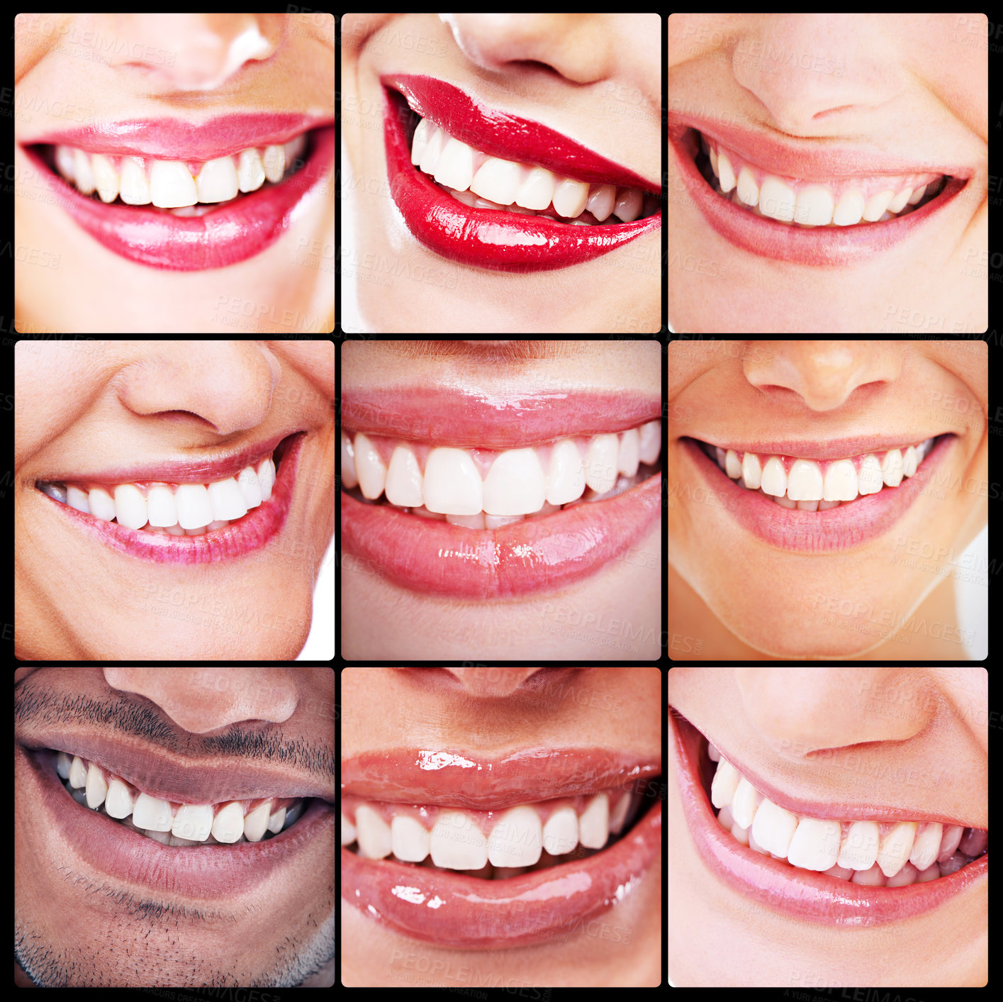 Buy stock photo Dentistry, health and collage of teeth smiles with dental wellness and fresh mouth routine. Self care, cosmetic and montage of a diverse group of people with a clean, healthy and organic oral hygiene