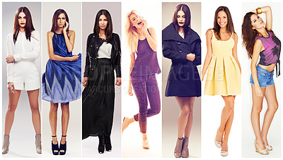 Buy stock photo Collage, women and fashion by different style, trendy or clothes for retail, designer and store. Montage, model and cool for class, elegant and sexy for shopping, brand and marketing or merch