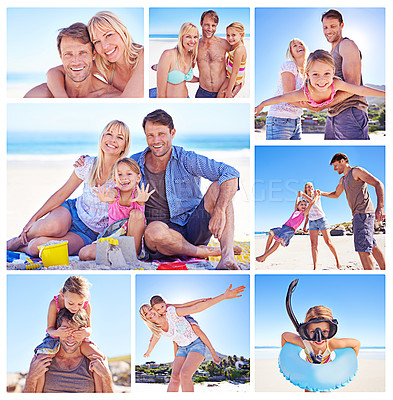 Buy stock photo Collage, family and beach with smile, happy and sunshine for picnic, playing and summer. Mother, father and girl together by ocean with sand, love and sun for vacation, nature and holiday or travel