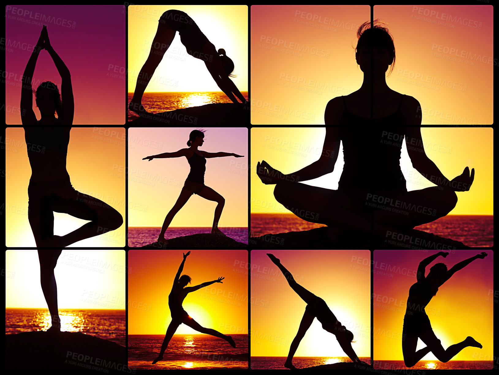 Buy stock photo Collage, silhouette and woman for yoga, meditation and exercise at beach with sunset on vacation. Young person or tourist and relax for zen, calm or spiritual for break and summer on holiday at ocean