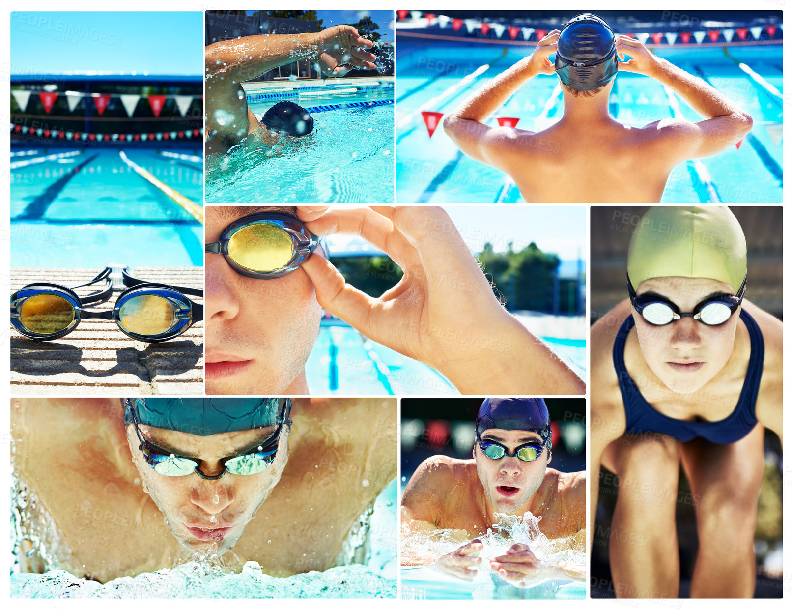 Buy stock photo Collage, swimmer and swimming pool for professional sport,  competition and exercise for fitness outside. Young people or athlete on podium and determined for race in water for train and competitive