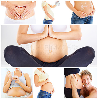 Buy stock photo Collage, pregnant and woman with man, heartbeat and prenatal health for baby in stomach. Composite, female person and trimester for wellness, fitness and vitamins in pregnancy with love and support