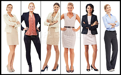 Buy stock photo Collage of stylish business women and formal clothing in portrait for cool, elegant and trendy fashion. Happy, corporate people and suit for confidence and pride in the workplace in white background