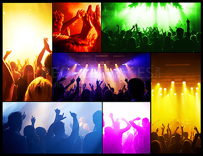 Buy stock photo Collage, DJ and festival in lights for band, performance and live music for fans in concert. Event, hands and partying at show with singing, dancing and crowd for celebration in arena or stage