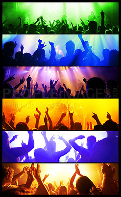 Buy stock photo Collage, neon lights and crowd with silhouette for concert, disco entertainment and nightlife party. People, dance and sing with band at event with spotlight for music festival and stage performance 