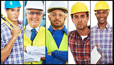 Buy stock photo Collage, building contractor and portrait for construction, industrial engineering and architecture. Workers or labor professional for industry with clipboard and level for maintenance on work site  