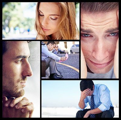 Buy stock photo Collage, depression and mental health for businessmen, professional and woman with anxiety, stress and sad. Depression, headache and frustrated people in corporate industry for fear of mistake.