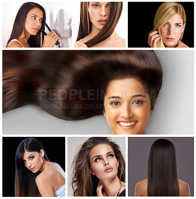 Buy stock photo Collage, happy woman and face for hair care by white background with shine, smooth and long hair. Composite, treatment and portrait of female model with health in studio for style, natural and smile
