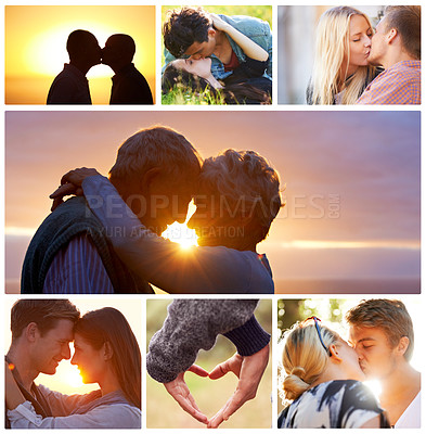Buy stock photo Collage, happy and couples with romance, hugging and kissing for memories in outdoor for love. Romantic partners, embracing and cuddling on vacation, holiday or date in relationships and togetherness