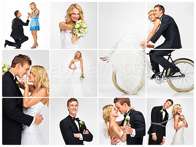 Buy stock photo Collage of happy couple and wedding in portrait with bridal flowers for marriage, love and romance in studio. Husband, wife and smile for engagement with bouquet for relationship and commitment