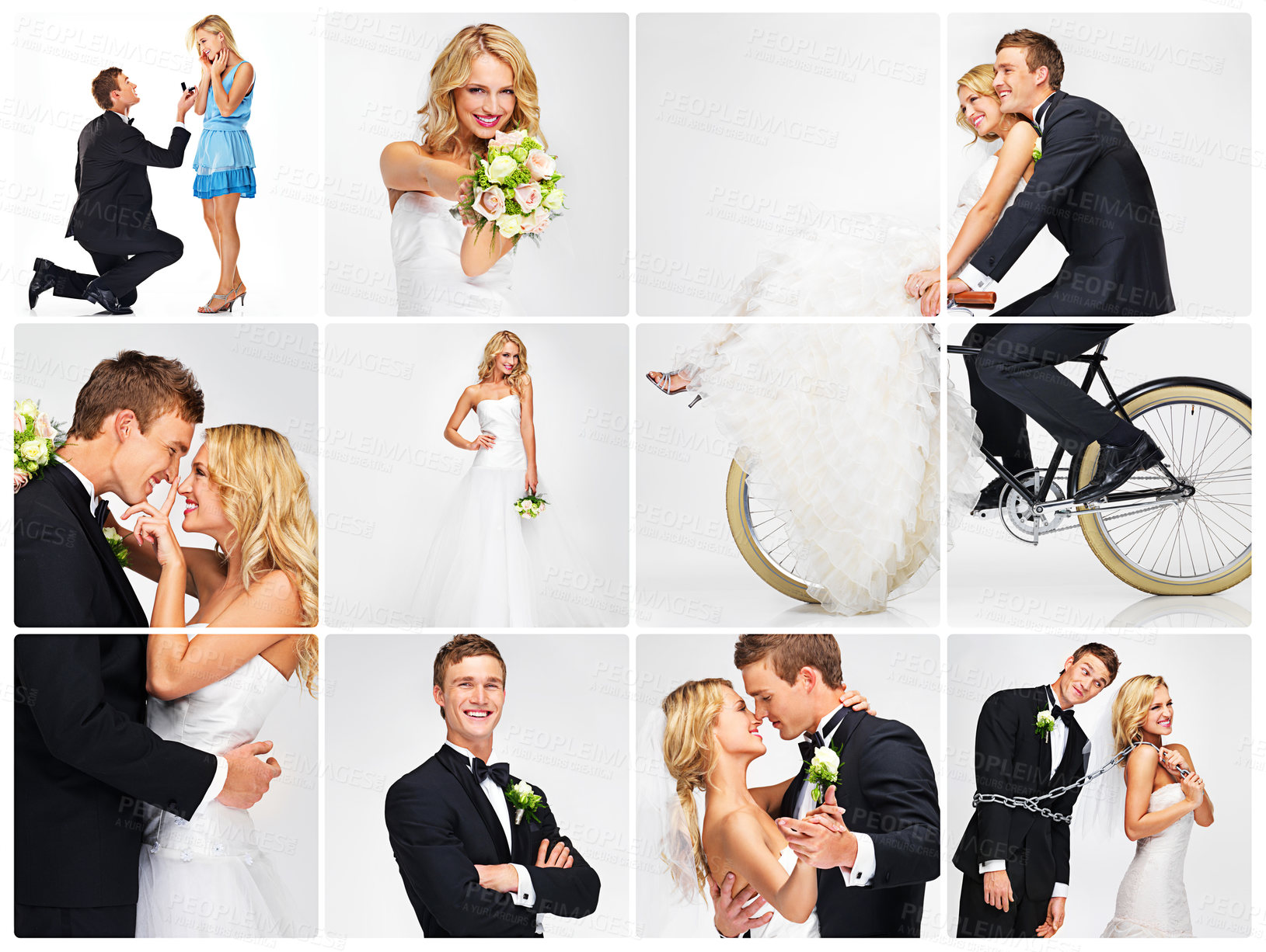 Buy stock photo Happy, people or couple and wedding in collage with bridal flowers for marriage, love and romance in studio. Husband, wife and smile for engagement with bouquet for relationship, event or celebration