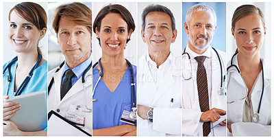 Buy stock photo Collage, doctor or nurse with smile in portrait for health, diversity or international or medicine. Male, female person or confident or medical professionals or happy for job, work with stethoscope

