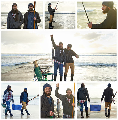 Buy stock photo Collage of happy, friends and men fishing in nature at beach to relax and bonding with conversation and communication. Group, fisherman and smile for celebration, catch and adventure on holiday sea