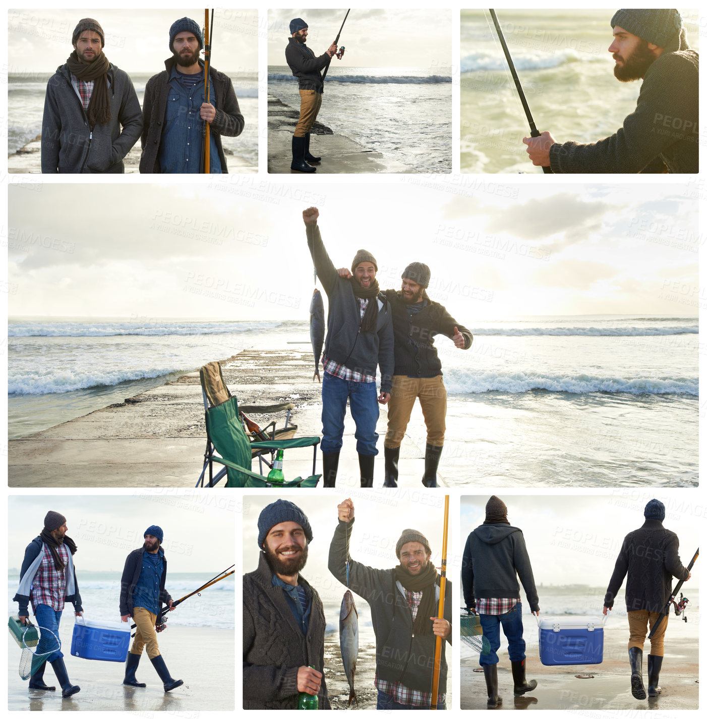 Buy stock photo Collage of happy, friends and men fishing in nature at beach to relax and bond with conversation and communication. Group, fisherman and smile for celebration, catch and adventure on holiday at sea