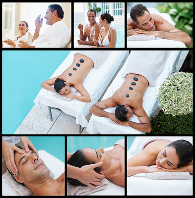 Buy stock photo Collage, couple and massage in spa for relax at pool for wellness and body care on vacation. Man, woman and happy with champagne and break for detox treatment and skincare luxury in summer on holiday