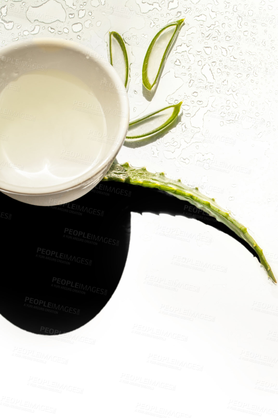 Buy stock photo Aloe vera, water and above of plant on a white background for natural treatment, wellness and skincare. Spa aesthetic, nature and leaf with drops in studio for organic, healthy and herbal ingredient