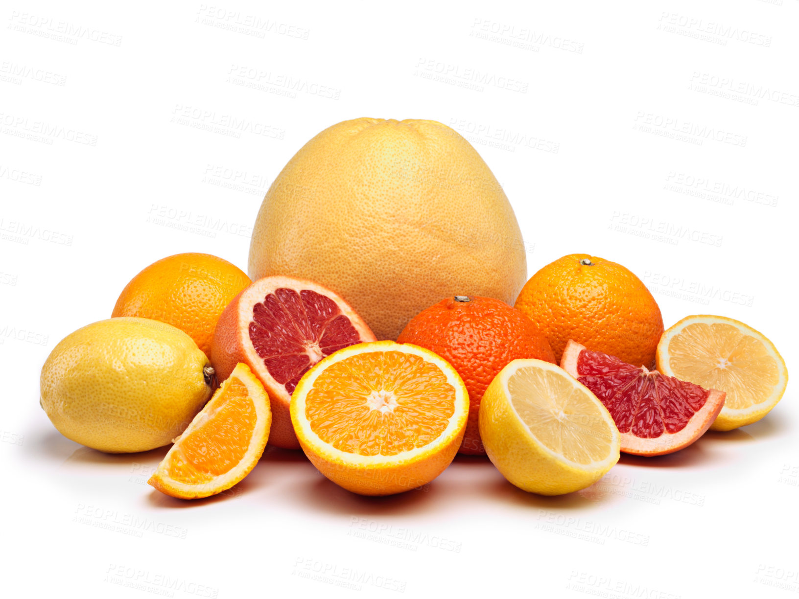 Buy stock photo Vitamin c, fruits and citrus in studio with lemon for minerals, detox and healthy nutrition on isolated white background. Orange, grapefruit and tangerine for wellness, antioxidants and fresh juice