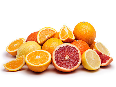 Buy stock photo Vitamin c, fruits and citrus in studio for healthy nutrition, detox and minerals on isolated white background. Food, organic produce and groceries for natural wellness, antioxidants and fresh juice