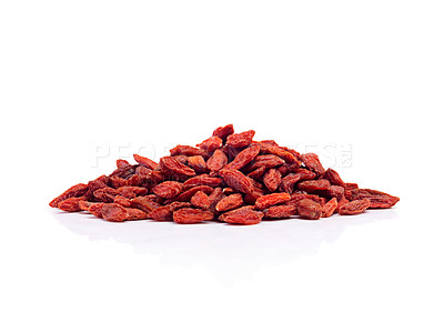 Buy stock photo Healthy, goji berries and studio for nutrition, natural, organic and antioxidant as snack for full body. Vegan, dried fruit and red seeds produce vitamin c for wellness on isolated white background