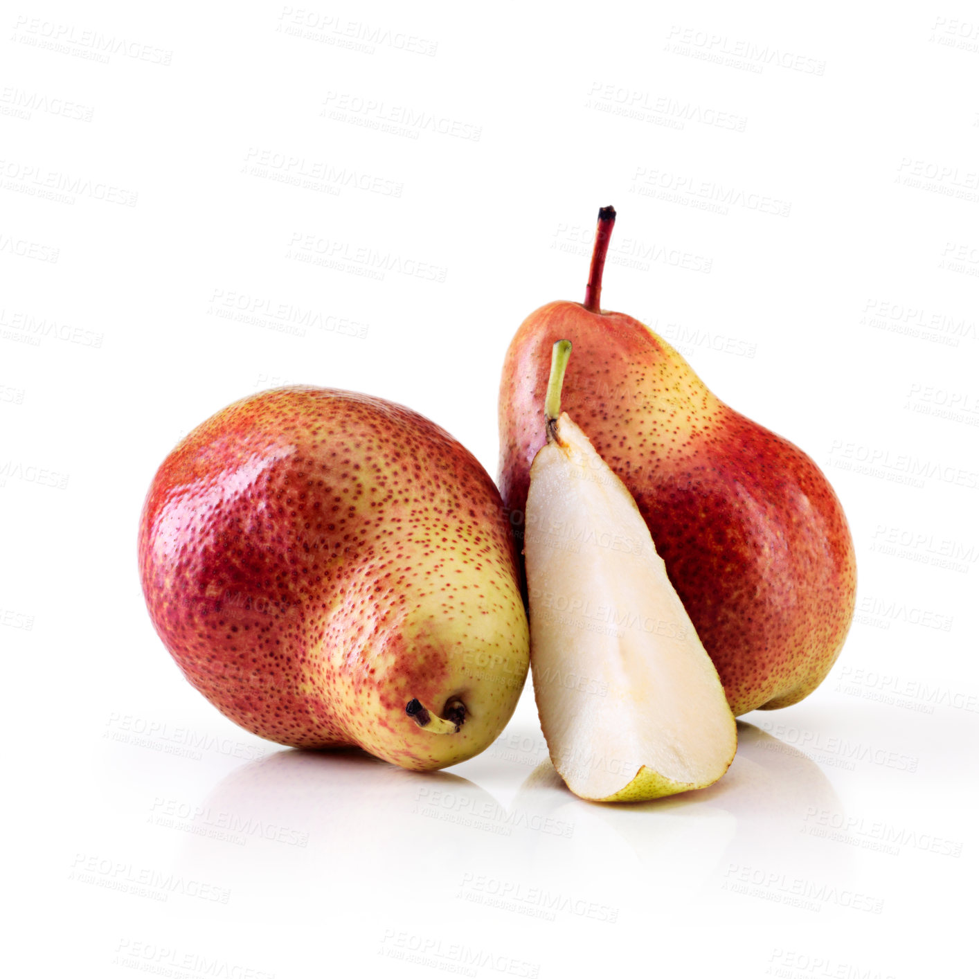 Buy stock photo Healthy, nutrition or pear in studio for appetizer, tasty treat or fresh food diet. Pyrus communis, white background and isolated for fruit snack, vitamins or organic fiber eating and wellness