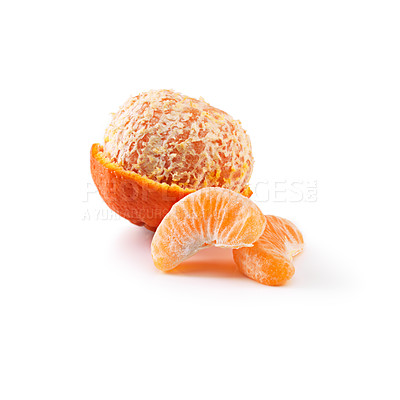 Buy stock photo Citrus, fruit and tangerine for fiber, nutrition and vitamin c on isolated white background. Food, closeup and organic produce for natural wellness, healthy diet and eating on studio backdrop