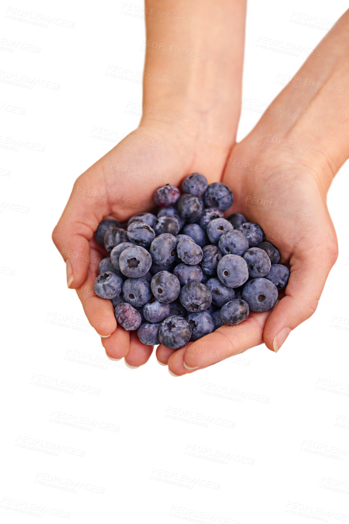 Buy stock photo Bunch, blueberries and woman hands in studio for healthy, organic and balanced diet by eating nutritious snacks. Person, fresh and natural ingredients with vitamin on isolated white background