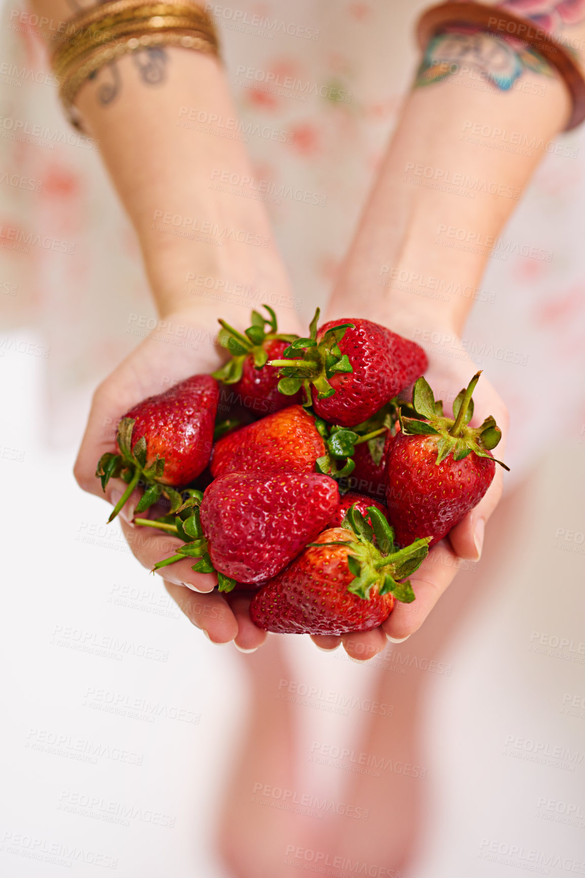 Buy stock photo Healthy, strawberry and woman hands with fruit as vegan for protein, organic and balanced diet by eating nutritious snacks. Person, fresh and natural ingredients with vitamin from farming plantation
