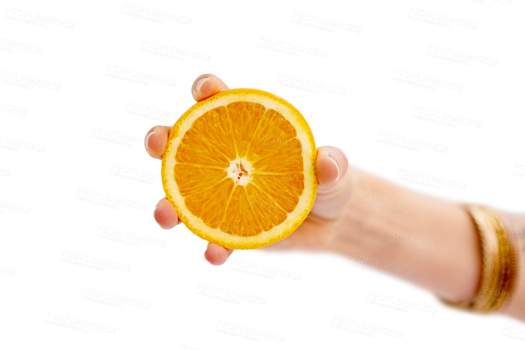 Buy stock photo Vitamin C, citrus and oranges in studio, wellness and fiber for cardiovascular health with potassium. Nutrition, healthy and food as fruit, antioxidant and juice for eating in white background