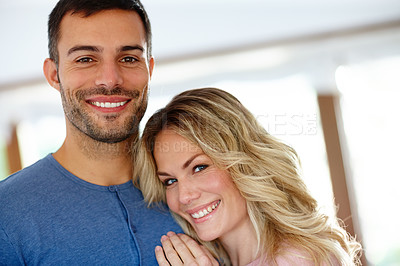 Buy stock photo Man, woman and hug in portrait for love, relationship or memories together. Happy, couple and romantic embrace smile for dating, compassion or care  in home cheerful for support, commitment and trust