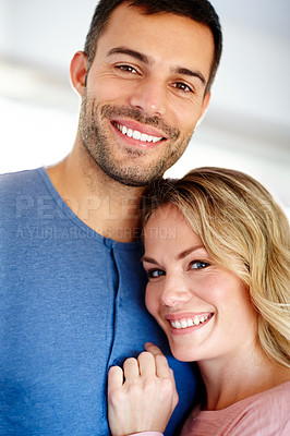 Buy stock photo Couple, happy and hug in portrait for love, relationship or memories together. Man, woman and romantic embrace smile for dating, compassion or care  in home cheerful for support, commitment and trust