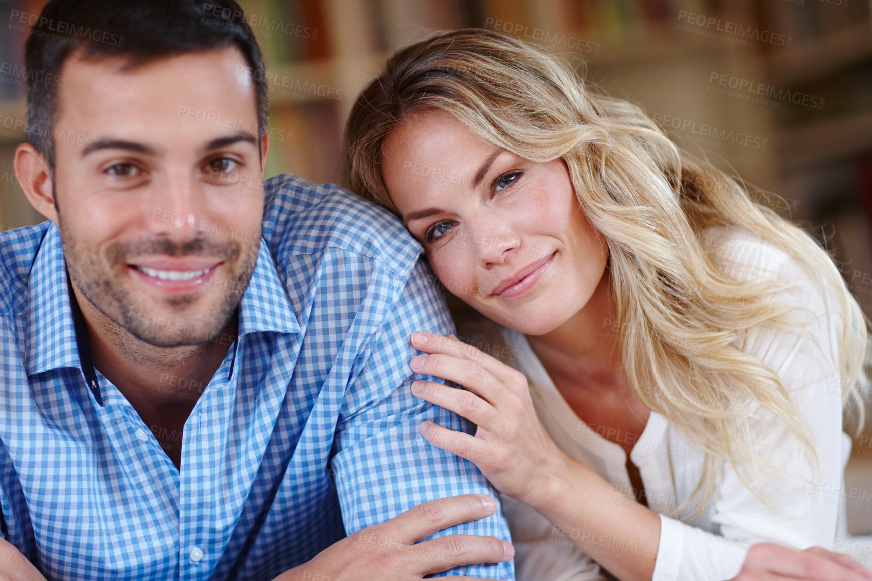 Buy stock photo Portrait, home and hug with couple, relax and happiness with love or bonding together. People, apartment or man with woman in embrace with romance or relationship with marriage, care or trust