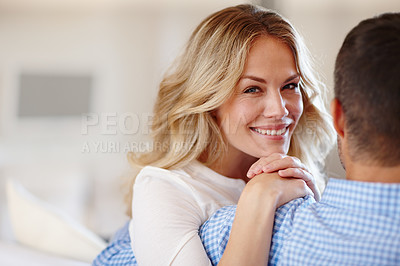 Buy stock photo Couple, couch and portrait or happy in home for relaxation, marriage or love and smile. Man, woman and closeup with care and cheer in house, romance in living room and relationship with person