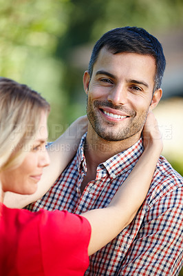 Buy stock photo Couple, portrait and outdoor hug in nature, together and love in relationship or bonding in embrace. Happy people, support and marriage on holiday or vacation, relax and commitment or connection