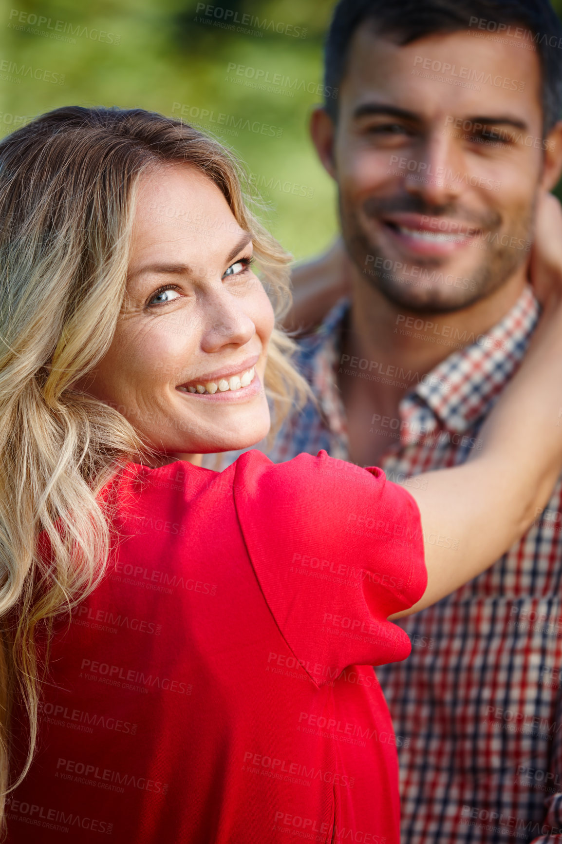 Buy stock photo Portrait, couple and hug with smile in nature for bonding, love and relationship outdoors. Happy, woman and man embrace in summer holiday for travel, date or romance together in the park or forest