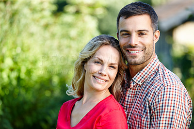 Buy stock photo Couple, portrait and outdoor marriage by trees, together and love in relationship or bonding in embrace. Happy people, support and hug on holiday or vacation in nature, relax and commitment on date