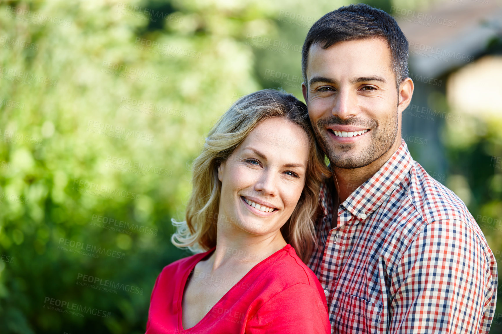 Buy stock photo Couple, portrait and outdoor marriage by trees, together and love in relationship or bonding in embrace. Happy people, support and hug on holiday or vacation in nature, relax and commitment on date