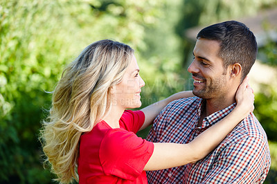Buy stock photo Couple, embrace and outdoor marriage by trees, together and love in relationship or bonding in nature. Happy people, support and hugging on holiday or vacation, relax and commitment to connection