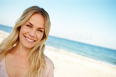 Buy stock photo Woman, portrait and beach in summer with smile for vacation with travel in sunshine for holiday in the maldives. Female person, ocean and nature with journey for peace with happiness in confidence